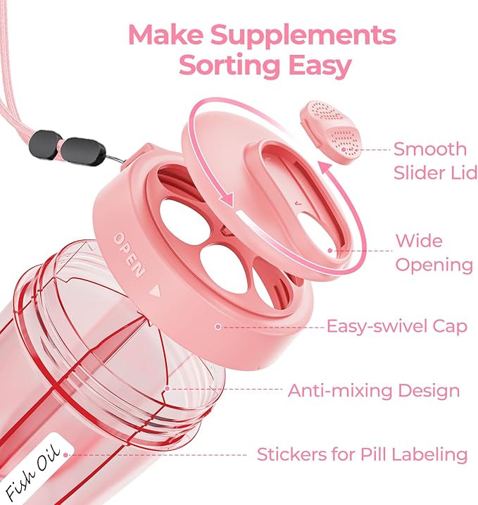 AUVON Large Pill Dispenser Can Store 7 Various Supplements, Travel Pill Organizer Bottle with Anti-Mix Design, Arthritis-friendly Pill Holder with Wide Opening & Slider Lid, Includes 20 Blank Stickers
