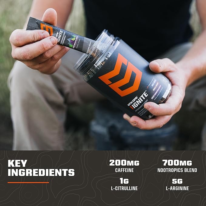 MTN OPS Ignite Sugar Free Energy Drink Powder Variety Pack with 200mg Caffeine, Travel Pre Workout Packets for to-Go Energy, Nootropic Blend, L Arginine & L Citrulline, Backcountry Flavors