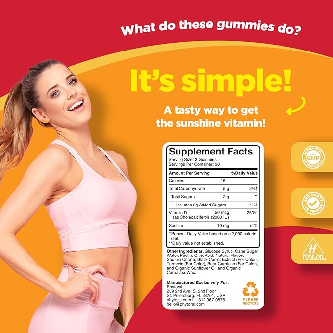 Chewable Vitamin D Gummies for Adults - Delicious Daily Vitamin D3 Gummies with D3 2000IU per Serving - Gluten and Gelatin Free Non-GMO Gummy for Adult Immunity Support - 60 Count