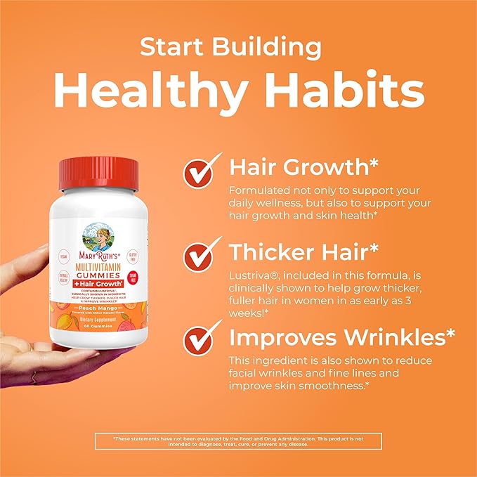 MaryRuth's Multivitamin + Hair Growth Gummies | with Lustriva® | Biotin 10000mcg | B Vitamins | Formulated for Thicker Hair, Wrinkles, Fine Lines, Skin Care | Ages 18+ | 30 Servings (Pack of 2)
