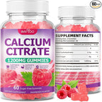 High Absorption Calcium Citrate Gummies 1200mg - Bone & Teeth Support for Adults & Kids, Vegan, Non-GMO, Sugar-Free Gummies, Raspberry Flavor, 60 Count