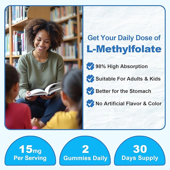 L-Methylfolate 15mg Gummies with Methyl B12, Folate 5-MTHF Supplement for Mood, Brain Health, Cognition & Immunity, Sugar Free, Vegan, Non-GMO, 60 Count