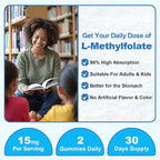 L-Methylfolate 15mg Gummies with Methyl B12, Folate 5-MTHF Supplement for Mood, Brain Health, Cognition & Immunity, Sugar Free, Vegan, Non-GMO, 60 Count