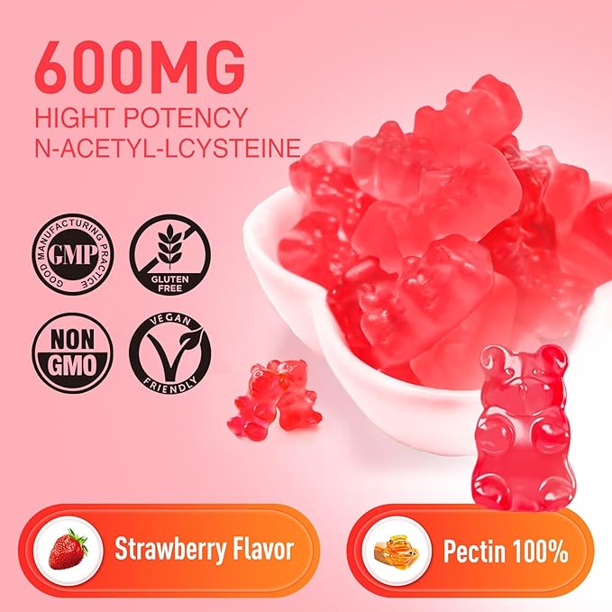 duwhot NAC Gummies 600mg, N Acetyl Cysteine Supplement NAC Chewable for Antioxidants & Immune Support, Lung & Liver Health, Natural Strawberry Flavor, 60ct