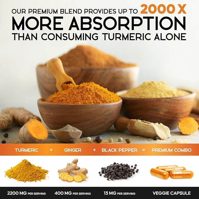Turmeric Curcumin Supplement - 2200mg Curcumin Complex & 400mg Organic Ginger per Serving - 95% Curcuminoids & BioPerine Black Pepper for Best Absorption & Joint Support, Bottled in USA - 120 Capsules