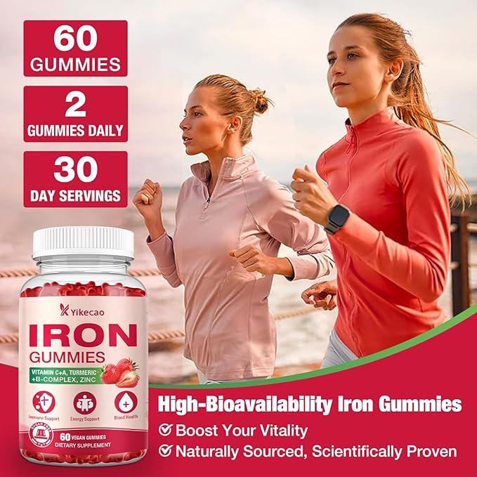 Iron Supplement Gummies, Vegan Iron Supplement for Women & Men, Healthy Blood, Energy & Immune Support, Strawberry Flavor, 60 Count