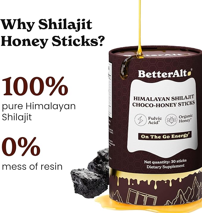 Better Alt Chocolate Shilajit Honey Sticks 75% Fulvic Acid & 85+ Trace Minerals Chocolate-Infused Raw Honey Himalayan Shilajit Energy Booster 30 Sticks Natural Stamina & Endurance Support