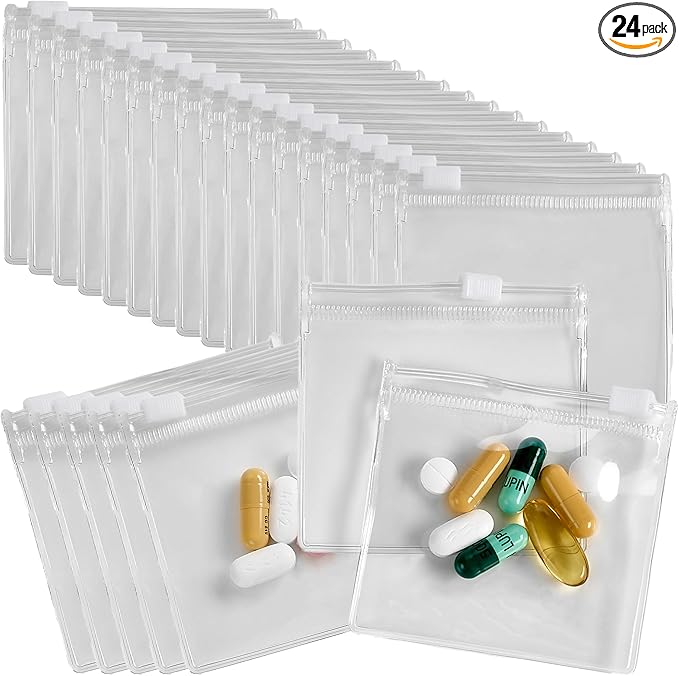 Zippered Pill Pouch Bags - 24 Pcs, Slide Lock Clear Plastic Mini Bags, BPA-Free for Pills Vitamins, Supplements, Medications, Jewelry, Crafts, Small Objects - Self-Sealing, Reusable, Travel-Friendly