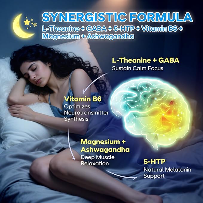 L-Theanine Gummies with L-Theanine 400 mg, Ashwagandha, GABA, 5-HTP, Magnesium Glycinate for Calm, ZZZ & Relaxation Support - Vegan, Raspberry Flavor, 60 Count