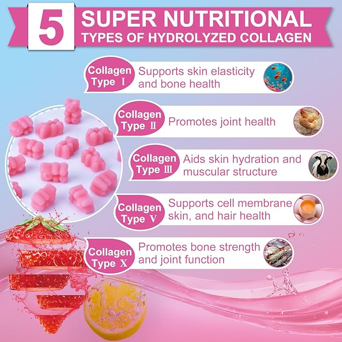 Multi Collagen Peptides Gummies, Type I, II, III, V, X - Hydrolyzed Collagen Peptides with Biotin, Hyaluronic Acid, Supports Healthy Skin, Strong Nails & Thick Hair, 60 Count, 1 Pack