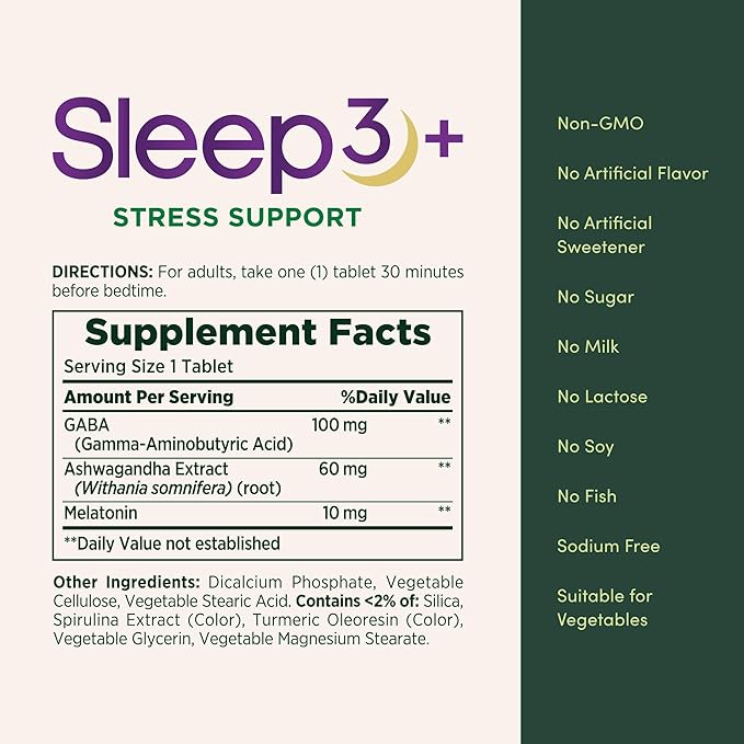 Nature's Bounty Sleep + Stress Support, Sleep3 Maximum Strength 100% Drug Free Sleep Aid, Dietary Supplement with Ashwagandha, Time Release Technology, 10mg, 28 Tri-Layered Tablets