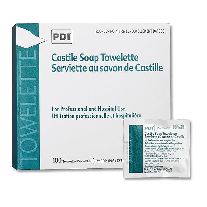PDI Healthcare D41900 Castile Soap Wipe with Coconut Oil, Premoistened Facial Cleansing Towelette for Travel, 5 in x 7.7 in Size, Pack of 1000