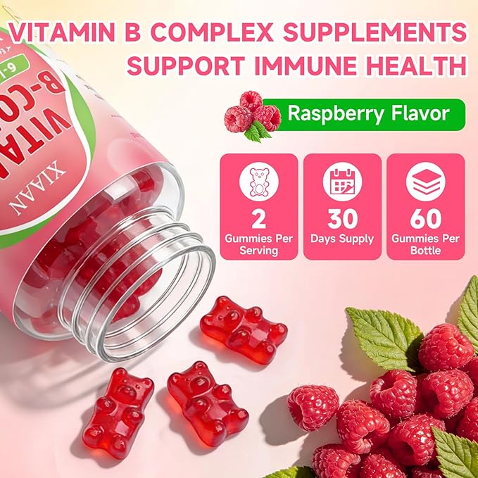 Vitamin B Complex Gummies for Women & Men - Vitamin B12, B1, B2, B3, B5, B6, B-Complex Vitamin Supplements for Energy & Immune Support, Sugar-Free/Vegan/Gluten-Free, Raspberry Flavor 60 Count