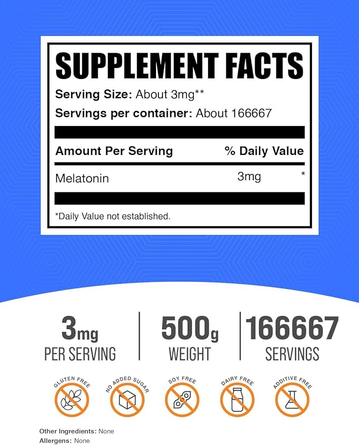 BulkSupplements.com Melatonin Powder - Pure Melatonin, Sleep Aid for Adults - Vegan & Gluten Free, 3mg per Serving, 500g (1.1 lbs) (Pack of 1)