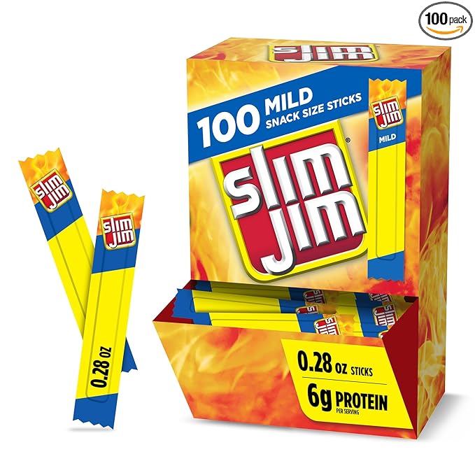Slim Jim Smoked Meat Sticks, Mild Flavor, 6g Protein Per Serving, Snack Size, 0.28 oz. (100 Count)