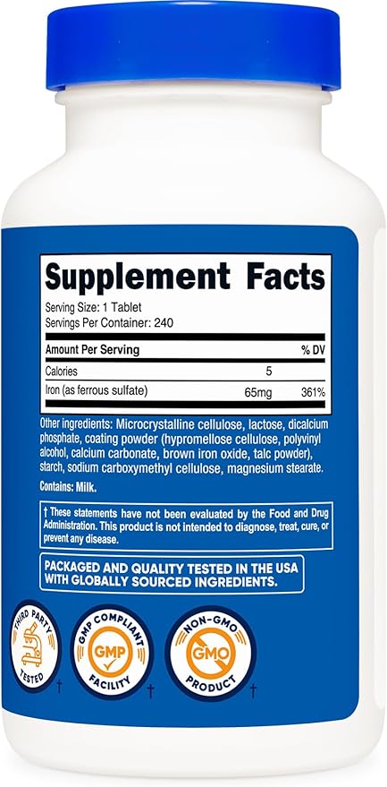 Nutricost Iron (As Ferrous Sulfate) 65mg, 240 Tablets - Non-GMO, Gluten Free