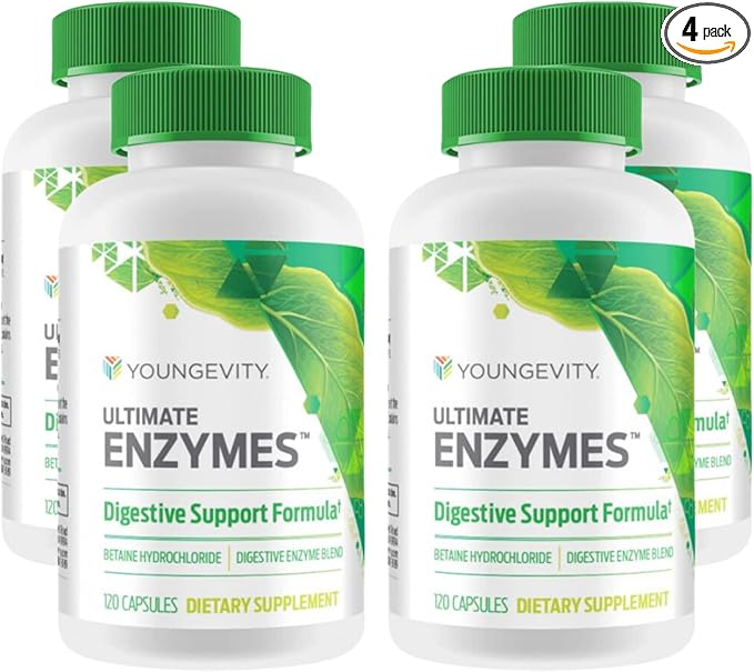 Youngevity Ultimate Enzymes® - Multi Enzymes for Digestion, Gas & Bloating Relief - Betaine HCl, Ox Bile, Pancreatine 10X, Papain 6M, Pepsin 1:3000 (120 Capsules - 4 Pack)