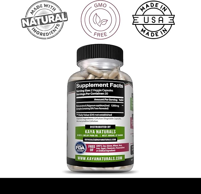 Kaya Naturals - Resveratrol Capsules - Anti Aging Supplement - Antioxidants with Brain Support - Maximum Benefits - 60 Veggies Capsules