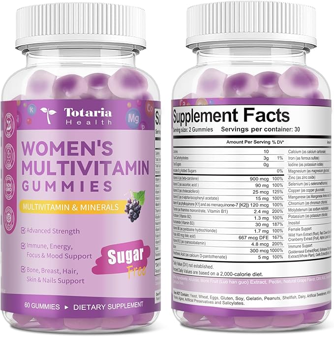 Totaria Sugar Free Multivitamin Gummies for Women 14+ w/Iron, Inositol, Folate, Biotin, Womens Daily Multivitamin Gummy w/Vitamin A, C, B, D3, K2, for Hair, Skin, Energy, Immune, Grape Flavor