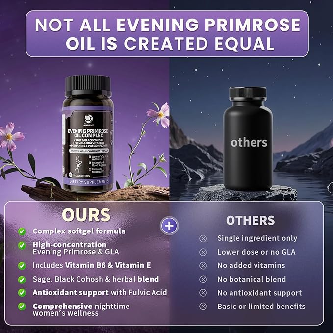 Lukaree 2 Pack Evening Primrose Oil Complex for Women – Hormone Wellness with Cold-Pressed EPO, 10% GLA, Sage, Fulvic Acid, L-Theanine – Cyclical Balance, Mood, Skin & Immune Health, 180 Softgels