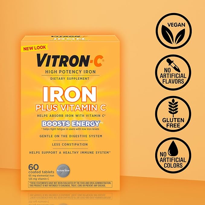 Vitron-C Iron Supplement, Once Daily, High Potency Iron Plus Vitamin C, Support Red Blood Cell Production, Dye Free Tablets, 60 Count (Pack of 4)