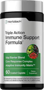 Horbäach Immune Support Supplement | 60 Coated Caplets | with Vitamin C, Zinc & Elderberry | Triple Action | Adaptive Immunity Matrix | Vegan, Non-GMO, Gluten Free