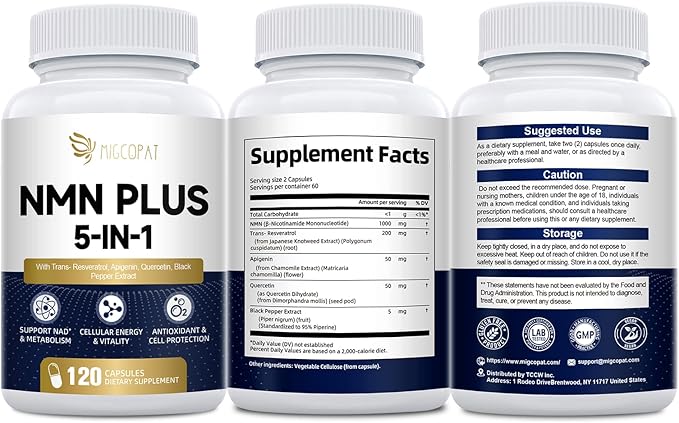 Migcopat NMN Supplement 1000mg – NMNH Alternative 5-in-1 NAD Supplement w/Resveratrol, Apigenin, Quercetin & Black Pepper – Supports Cellular Energy, Healthy Aging & Longevity – 120 Veggie Capsules