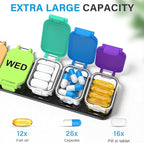 Extra Large Weekly Pill Organizer 7 Day - Portable Daily Pill Box with 7 Detachable Compartments, Vitamin Holder and Medicine Organizer for Supplements, Home and Travel, Rainbow