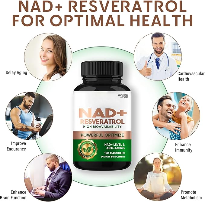 NAD+ Resveratrol Supplement 120 Capsules, Supports Healthy Aging, Cellular Energy, Metabolism & Brain Boost for Men & Women
