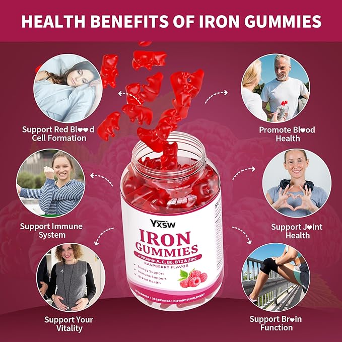 Iron Gummies for Women & Men, Vegan Iron Supplement Gummies with Vitamin C, A, B-Complex, Folate, Zinc- for Immune Health & Energy Support, Raspberry Flavor, 60 Count