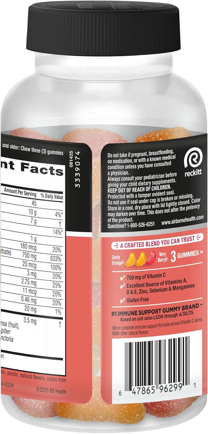 Vitamin C 750mg (per Serving) - Airborne Assorted Fruit Flavored Gummies (63 Count in a Bottle), Gluten-Free Immune Support Supplement with Vitamins A C E, Selenium, Echinacea & Ginger