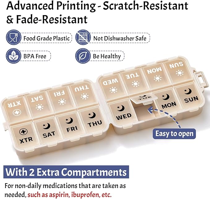 Foldable Weekly Pill Organizer 2 Times a Day with 2 Extra Compartments (Clear Printed Labels) - Portable 7 Day AM PM Medicine Box, Week Daily Travel Pill Case Holder for Vitamin, Supplement - Khaki