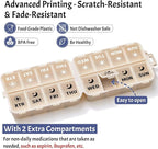 Foldable Weekly Pill Organizer 2 Times a Day with 2 Extra Compartments (Clear Printed Labels) - Portable 7 Day AM PM Medicine Box, Week Daily Travel Pill Case Holder for Vitamin, Supplement - Khaki