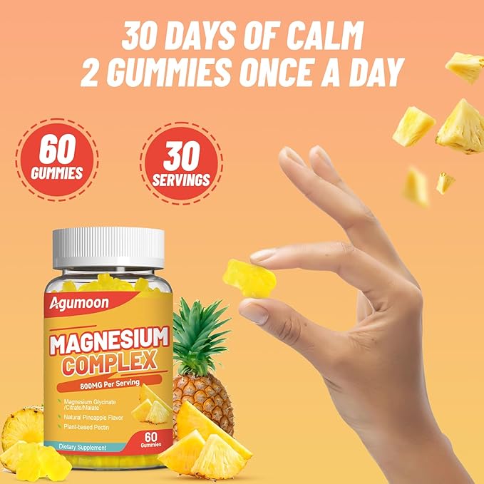 Magnesium Complex Gummies 800mg with Zinc & Vitamins B6, B12, C, D3, 60 Pineapple Gummies, High Absorption Glycinate, Citrate, Malate, Non-GMO, Gluten-Free