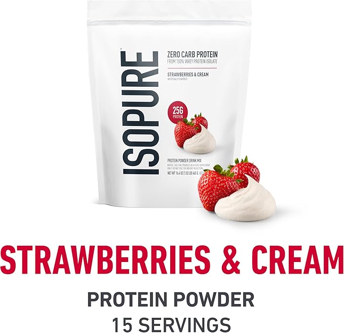 Isopure Bundle of Zero Carb 100% Pure Whey Isolate Protein Powder, Strawberries & Cream, 25g Protein Per Serving, 1 Lb, 15 Servings + Isopure 100% Pure Creatine Monohydrate Powder, 100 Servings