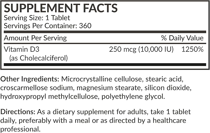 Futurebiotics Vitamin D3 10,000iu (250mcg) 360 Day Supply for Healthy Muscle Function and Immune Support, Non-GMO, 360 Tablets