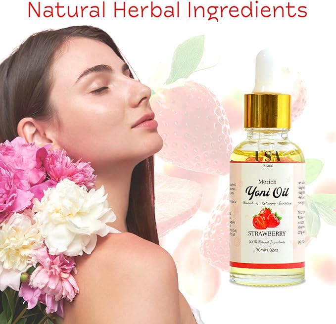 MERICH Natural Yoni Oil for Women | pH Balancing Vaginal Detox Oil, Strawberry | Rejuvenating Formula for Dark Spots & Ingrown Hair | Odor Eliminator & Gentle Cleansing Feminine Care | 1 oz