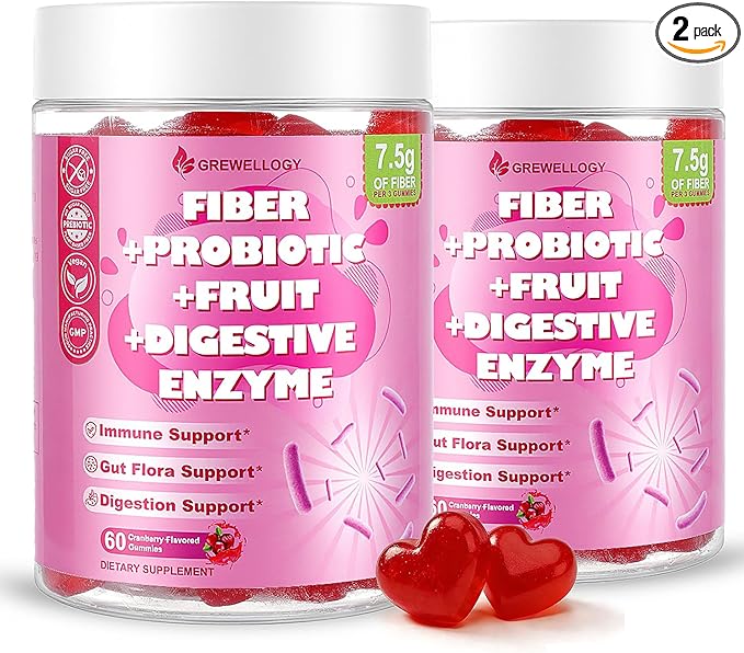 Fiber Gummies 7500mg, Probiotics & Digestive Enzymes, Sugar-Free, Vegan & Gluten-Free Supplement for Gut Health, Bloating Support & Regularity, High Potency Daily Adult (60 Count (Pack of 2))