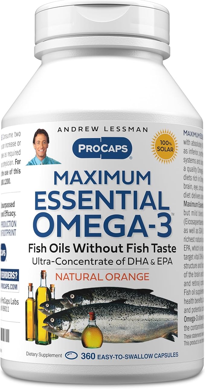 ANDREW LESSMAN Maximum Essential Omega-3 Orange - 360 Softgels - Ultra-Pure, High Potency Omega-3 Oils. High DHA, No Stomach Upset, No Contaminants, No Mercury. Small Easy to Swallow Softgels