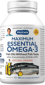 ANDREW LESSMAN Maximum Essential Omega-3 Orange - 360 Softgels - Ultra-Pure, High Potency Omega-3 Oils. High DHA, No Stomach Upset, No Contaminants, No Mercury. Small Easy to Swallow Softgels