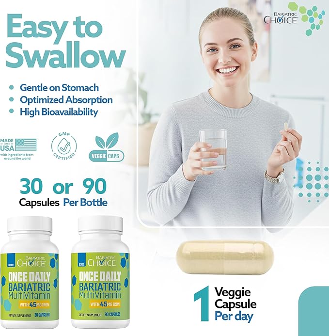 Bariatric Choice Once-Daily Bariatric Multivitamin with 45 mg of Iron | Easy to Swallow Capsule | Vitamin for Bariatric Surgery Patients | 90 Count (3-Month Supply)