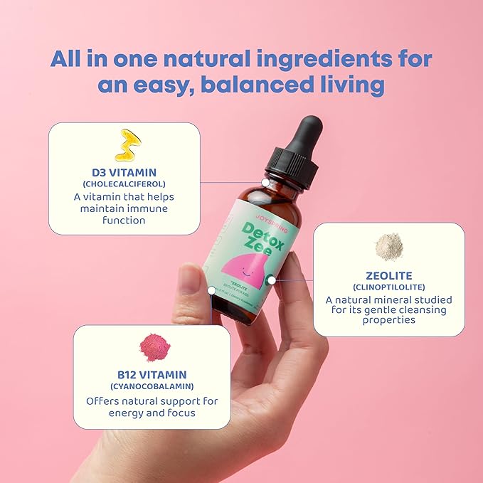 JoySpring DetoxZee Zeolite Drops for Kids – Clinoptilolite Mineral Supplement with Vitamin D3 & Cyanocobalamin B12 – Liquid Vitamins for Kids, Mild Berry Flavor, Crafted in USA, 30 Servings
