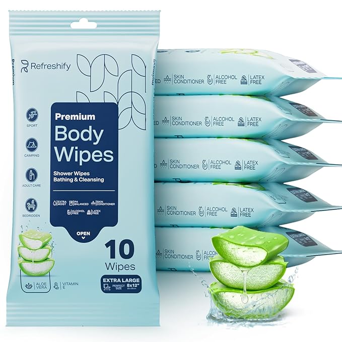 60 XL Shower Wipes – Body Wipes for Adults Bathing No Rinse – 6 Packs of 10 – Extra Moist Bath with Aloe & Vitamin E for Camping, Travel, Gym & Bedridden Care