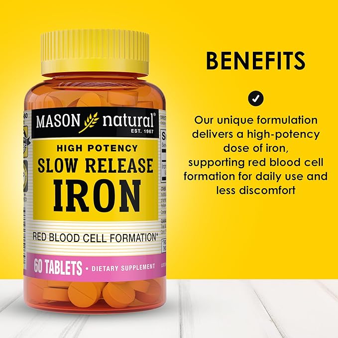 Mason Natural Slow,Release Iron (Ferrous Sulfate) 50 mg Tablets, 180 Day Supply, High Potency Supplement, Gentle on Stomach, 1 Pack