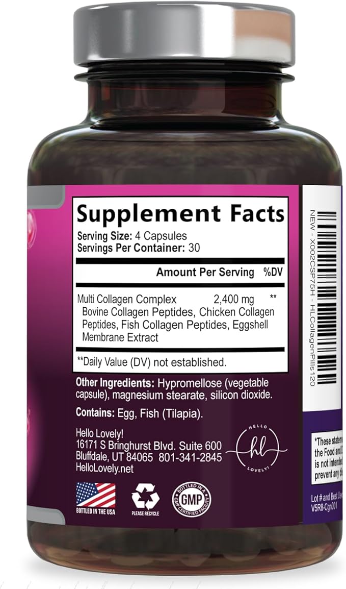 Multi Collagen Peptides Complex - Advanced Hydrolyzed Collagen Supplement Pills with Type I, II, III, V & X - Hair, Skin, Nail & Joint Support Supplement for Women & Men - USA Bottled - 120 Capsules