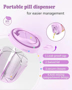 Pill Organizer with 7 Compartments, Pill Box Case for Holding 7 Different Vitamins, Anti-Mix Design for Easy Medication Retrieval. Travel Pill Organizer with 20 Labels. Pill Container（Purple）