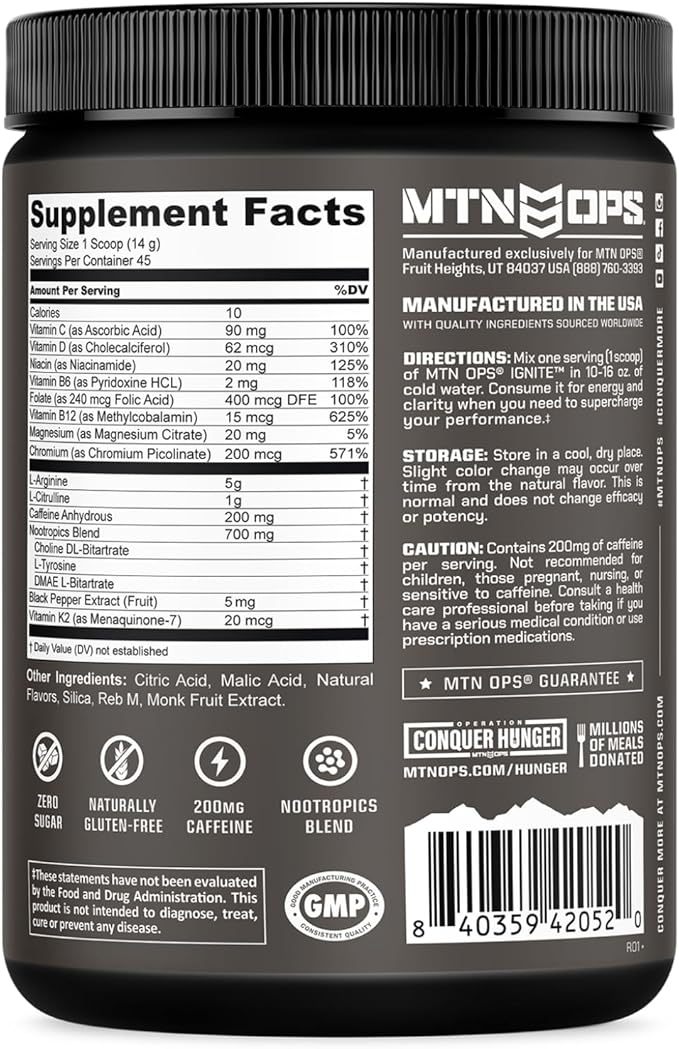 MTN OPS Ignite Sugar Free Energy Drink Powder Naturally Sweetened with Monk Fruit, 200mg Caffeine, Nootropic Blend for Energy & Focus, L Arginine & Citrulline, 45 Servings, Citrus Italian Ice
