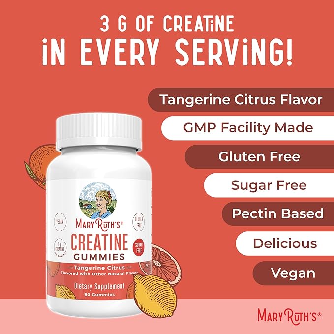 MaryRuth's Creatine Gummies | Creatine Monohydrate Gummies | 3g Creatine Per Serving | Creatine for Women & Men | Tangerine Citrus Flavor | Exercise | Workout | Sugar Free | Vegan | 90 Count