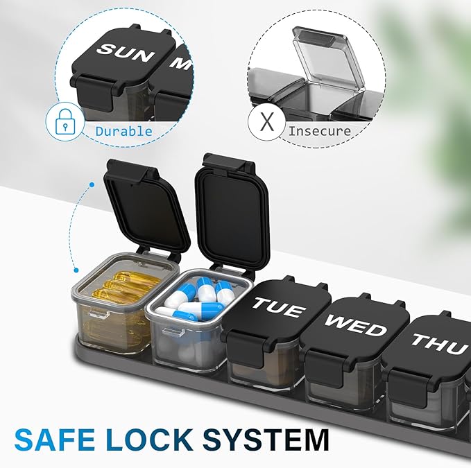 Extra Large Weekly Pill Organizer - XL Vitamin Holder with 7 Detachable Compartments, Portable Medicine Pill Organizer for Supplements, Daily Pill Case for Home and Travel,Black