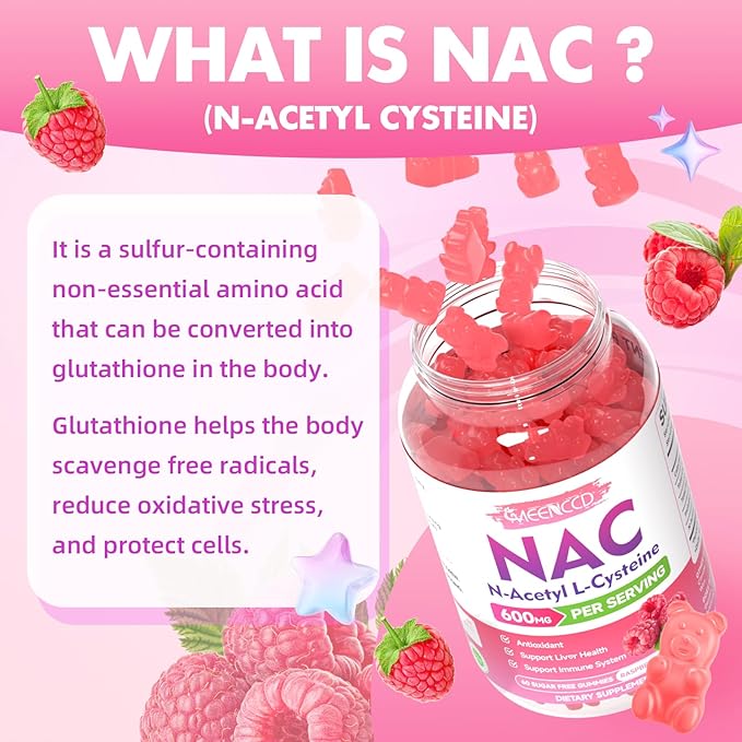 MEENCCD 2 Pack NAC Gummies, N Acetyl Cysteine 600mg NAC Supplement for Antioxidants & Immune Support, Sugar-Free, Raspberry Flavor, 120 Count